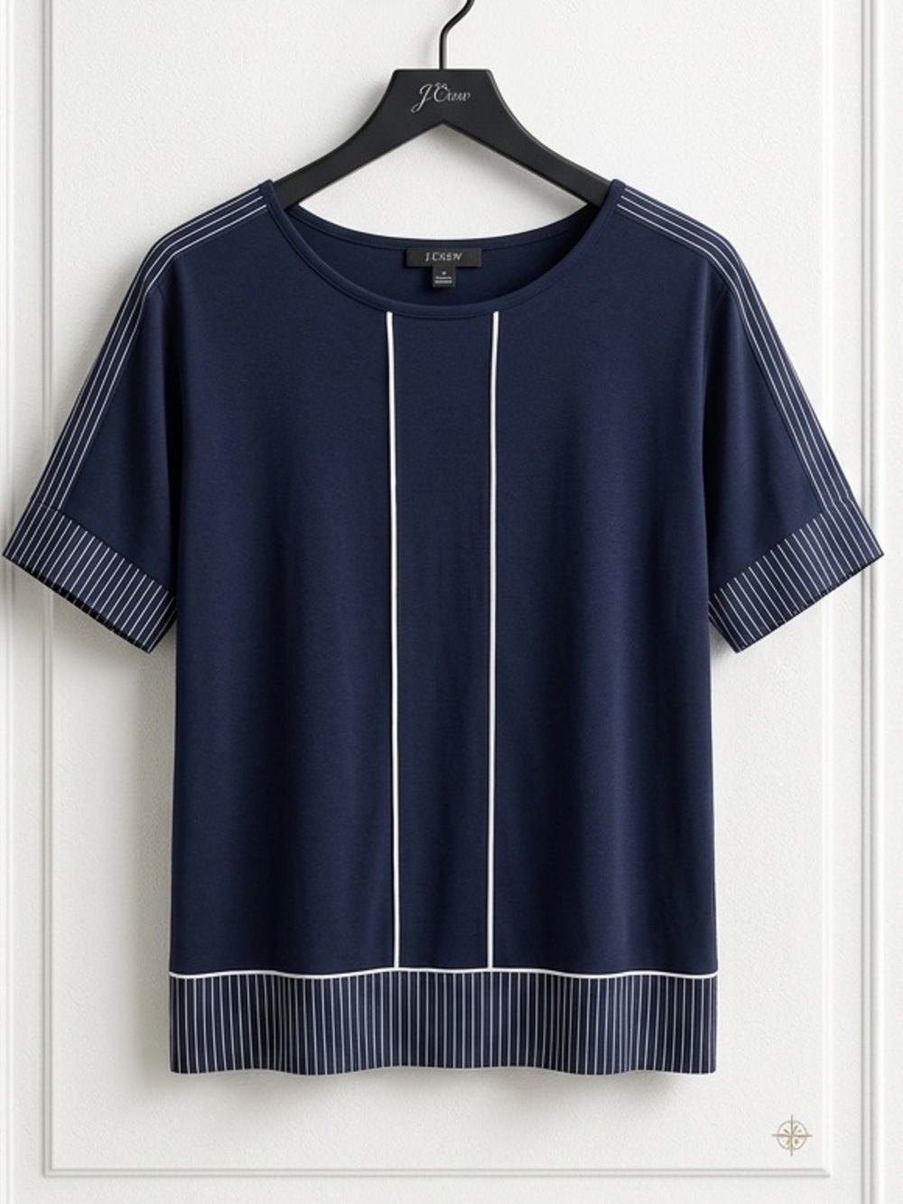 J Crew Blouse Navy with Cream Stripe Piping 100% Cotton Relaxed Fit Medium
